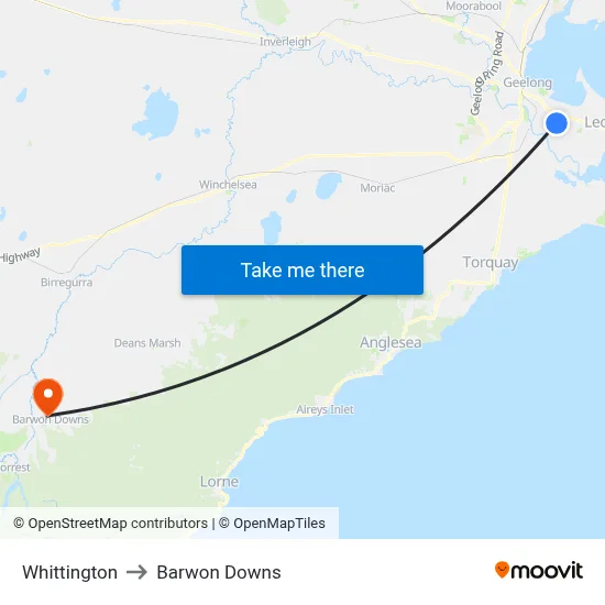 Whittington to Barwon Downs map