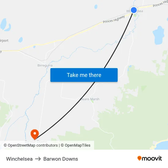 Winchelsea to Barwon Downs map