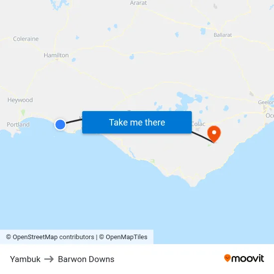 Yambuk to Barwon Downs map