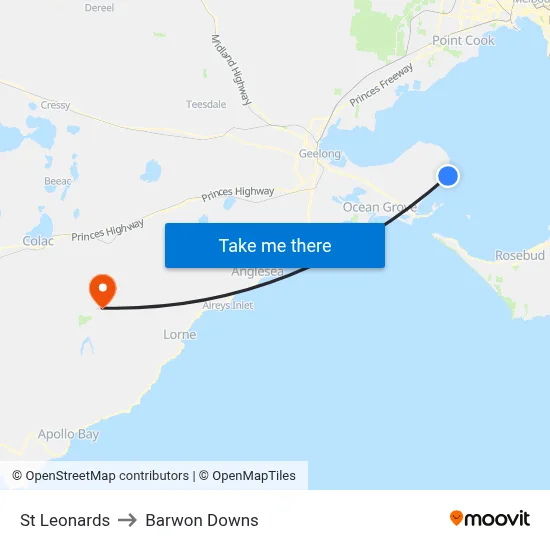St Leonards to Barwon Downs map