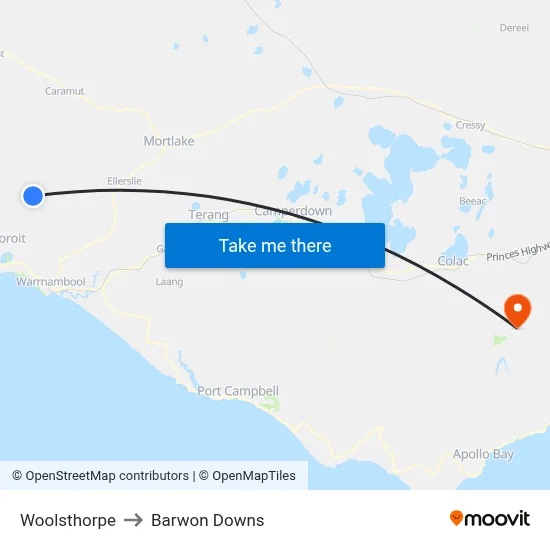 Woolsthorpe to Barwon Downs map