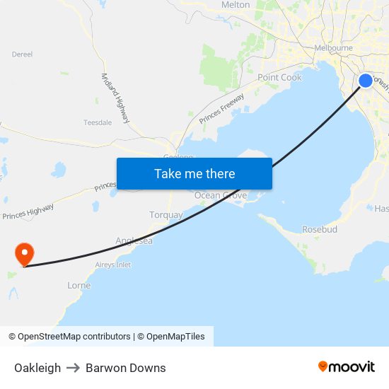 Oakleigh to Barwon Downs map