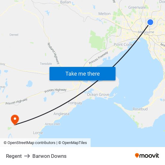 Regent to Barwon Downs map