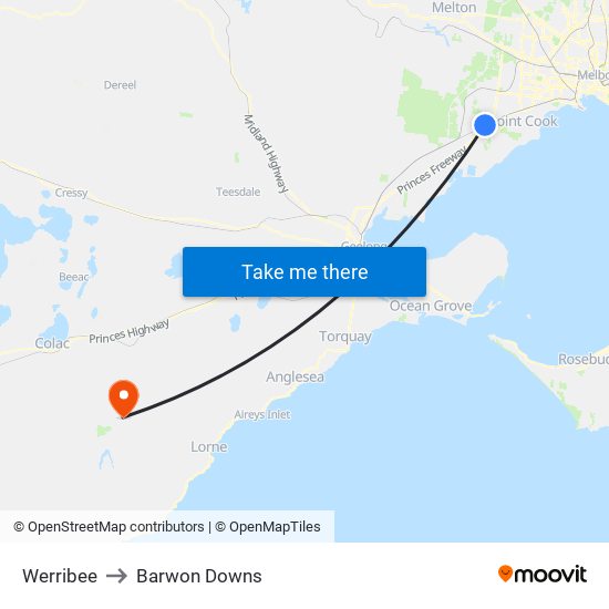 Werribee to Barwon Downs map