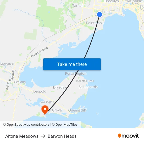 Altona Meadows to Barwon Heads map