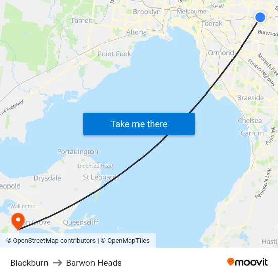 Blackburn to Barwon Heads map