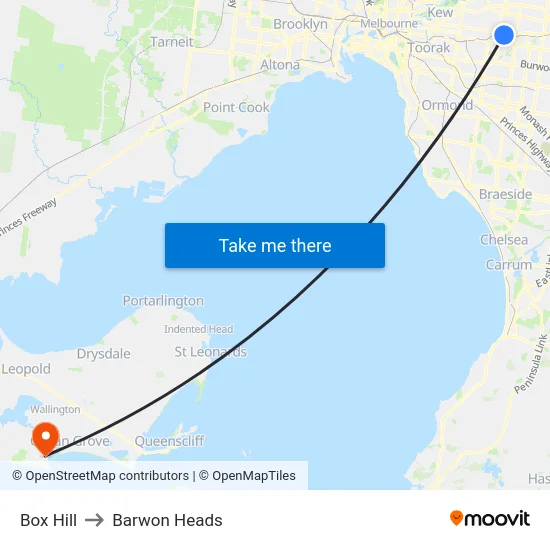 Box Hill to Barwon Heads map