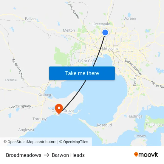 Broadmeadows to Barwon Heads map
