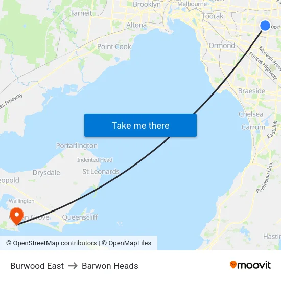 Burwood East to Barwon Heads map