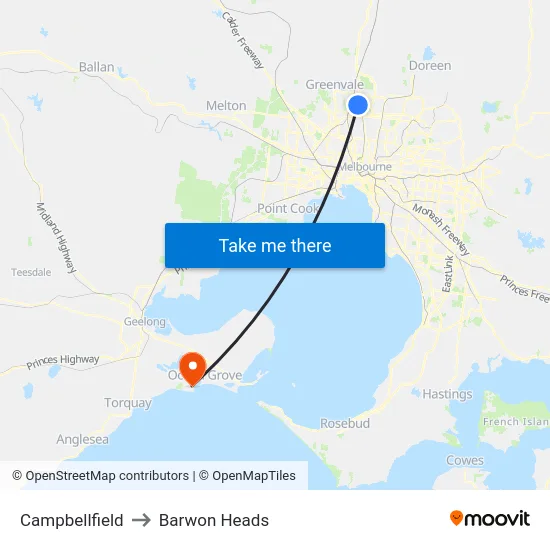 Campbellfield to Barwon Heads map