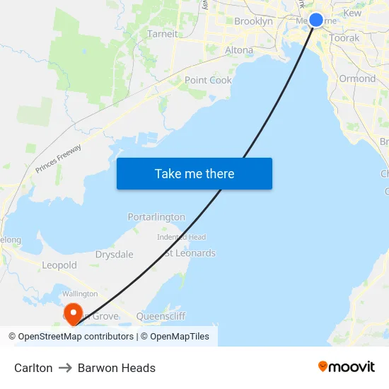 Carlton to Barwon Heads map