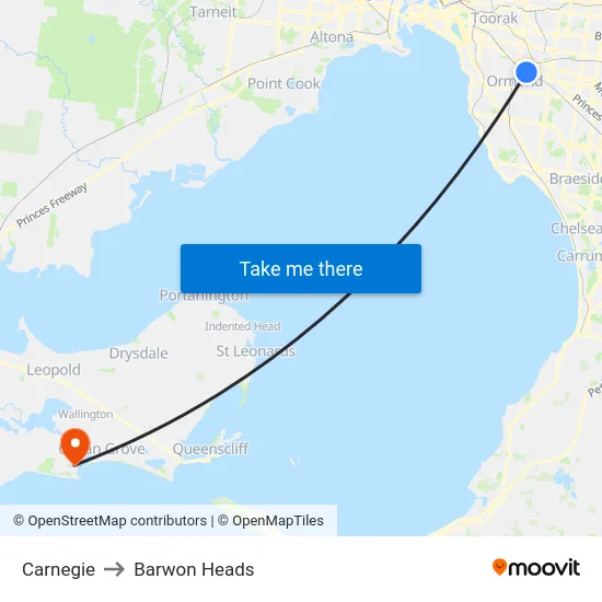 Carnegie to Barwon Heads map
