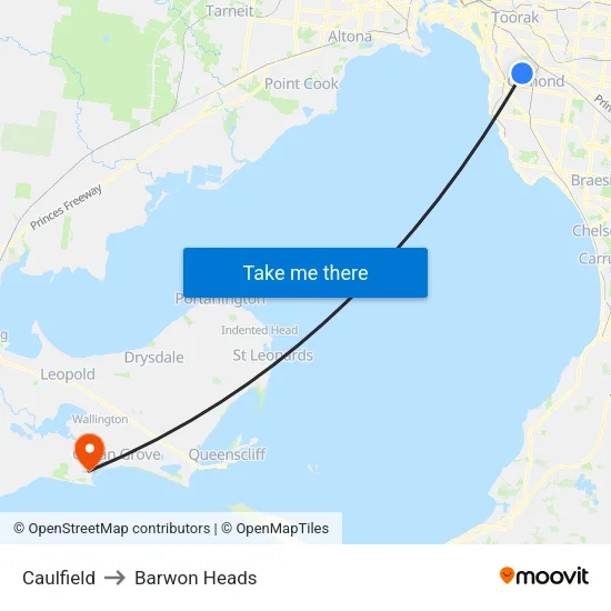 Caulfield to Barwon Heads map