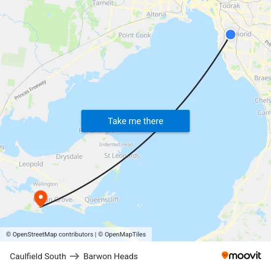 Caulfield South to Barwon Heads map