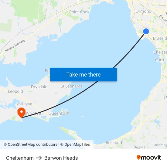 Cheltenham to Barwon Heads map
