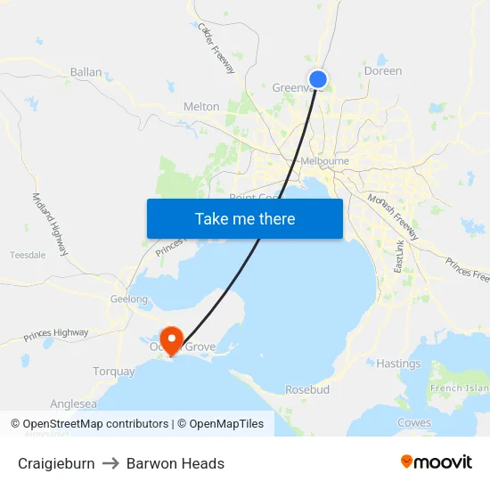 Craigieburn to Barwon Heads map