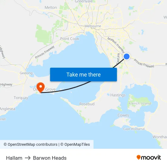Hallam to Barwon Heads map