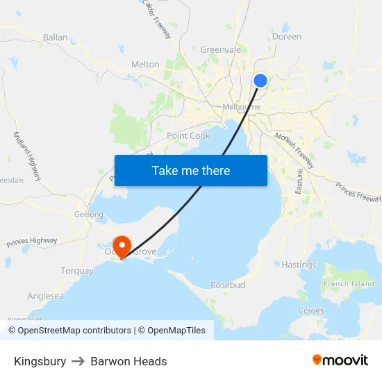 Kingsbury to Barwon Heads map