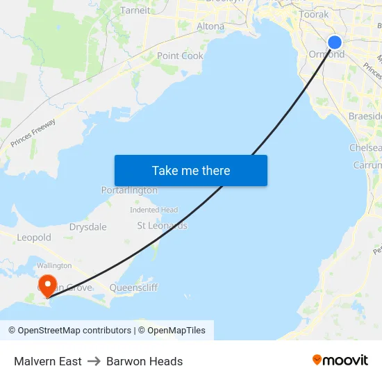 Malvern East to Barwon Heads map