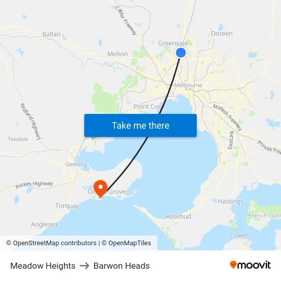 Meadow Heights to Barwon Heads map