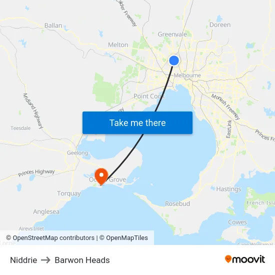 Niddrie to Barwon Heads map
