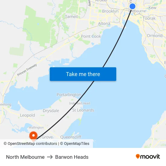 North Melbourne to Barwon Heads map