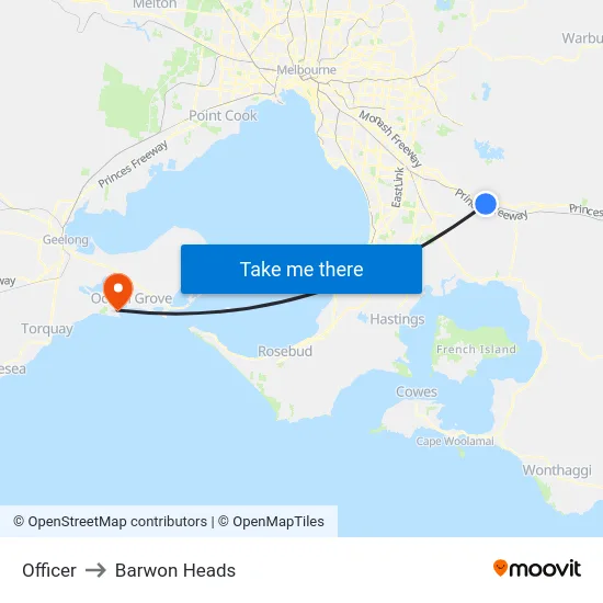 Officer to Barwon Heads map