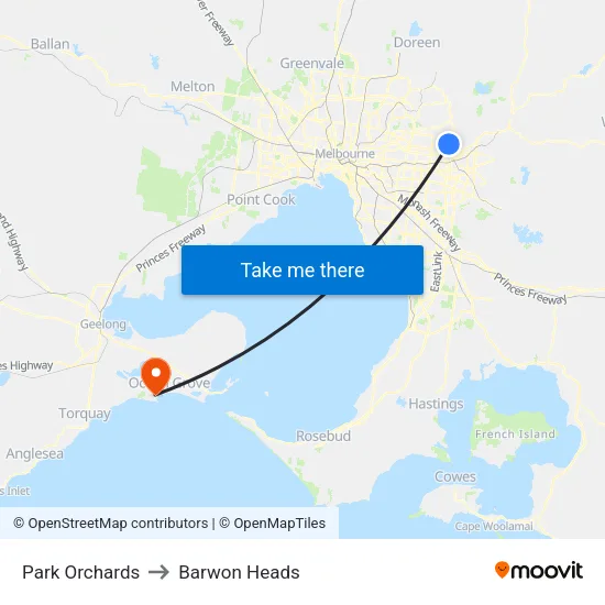 Park Orchards to Barwon Heads map