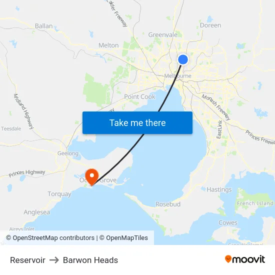 Reservoir to Barwon Heads map