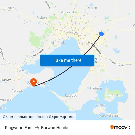 Ringwood East to Barwon Heads map