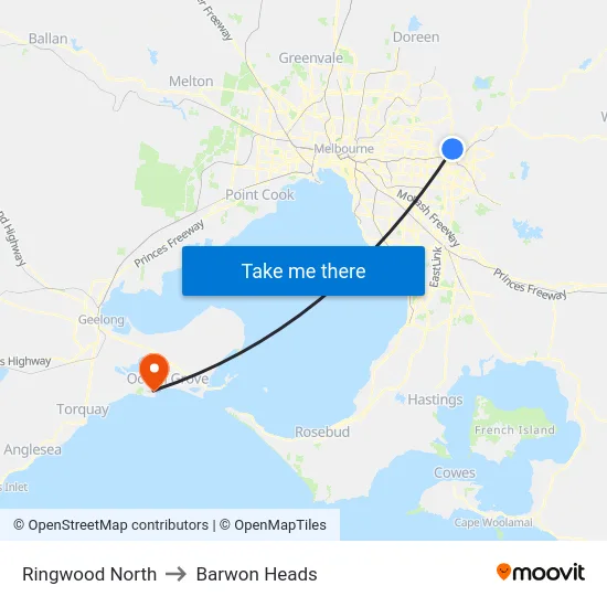 Ringwood North to Barwon Heads map