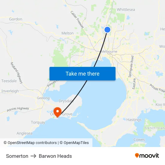 Somerton to Barwon Heads map