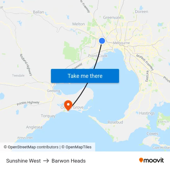 Sunshine West to Barwon Heads map