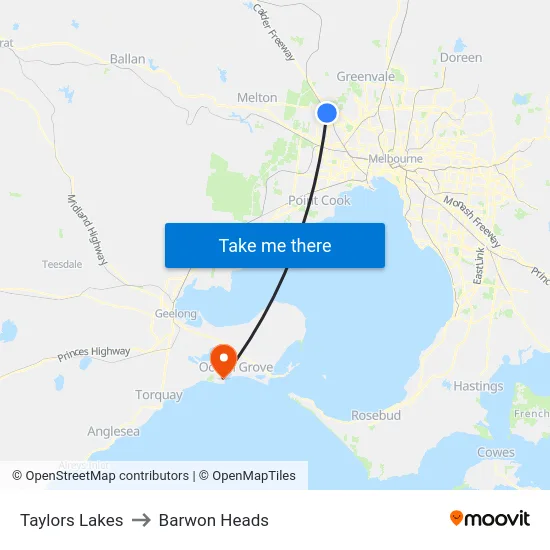 Taylors Lakes to Barwon Heads map