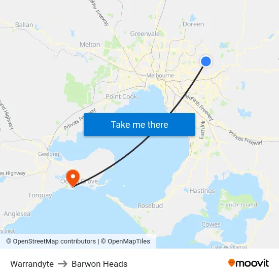 Warrandyte to Barwon Heads map
