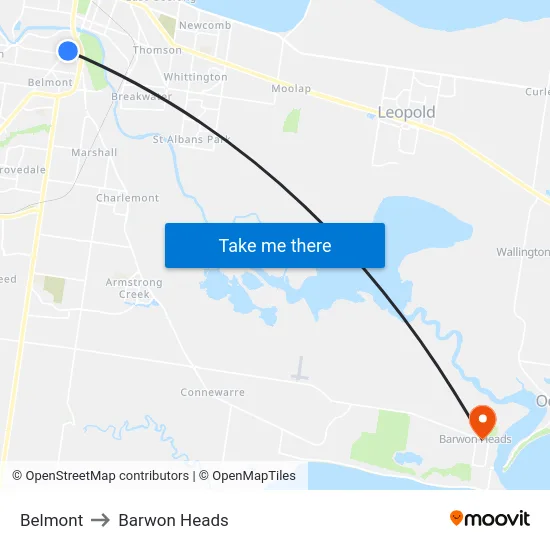 Belmont to Barwon Heads map