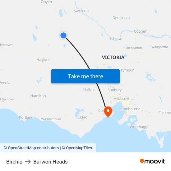 Birchip to Barwon Heads map