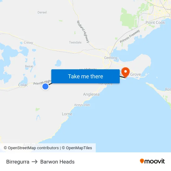 Birregurra to Barwon Heads map