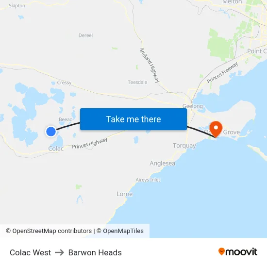Colac West to Barwon Heads map