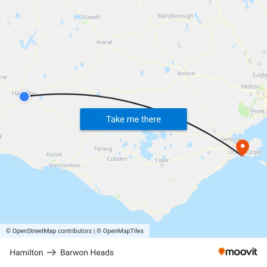 Hamilton to Barwon Heads map
