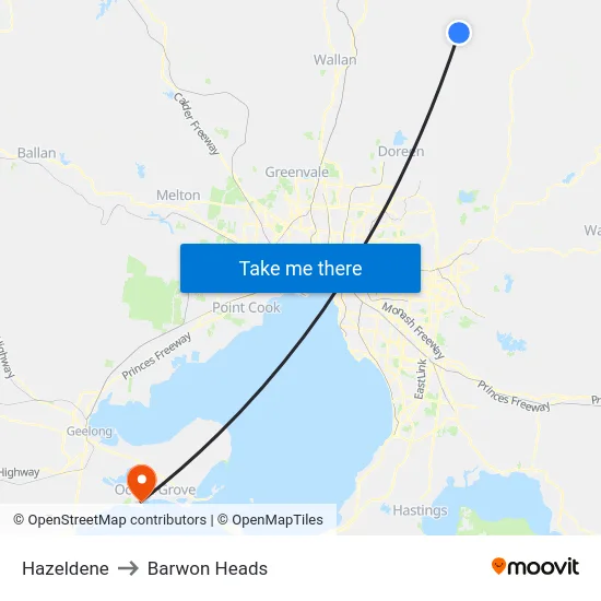 Hazeldene to Barwon Heads map