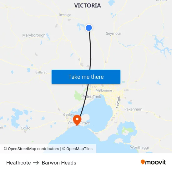 Heathcote to Barwon Heads map