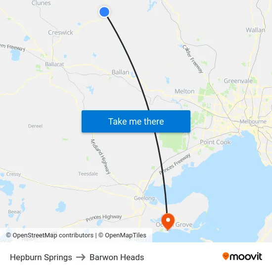 Hepburn Springs to Barwon Heads map