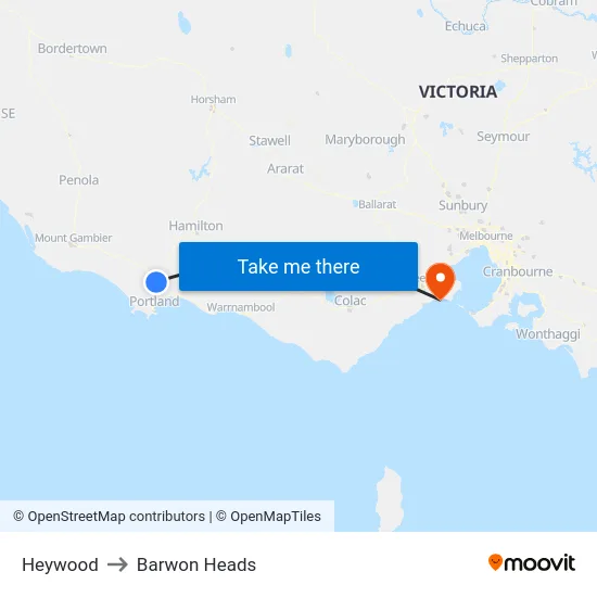 Heywood to Barwon Heads map
