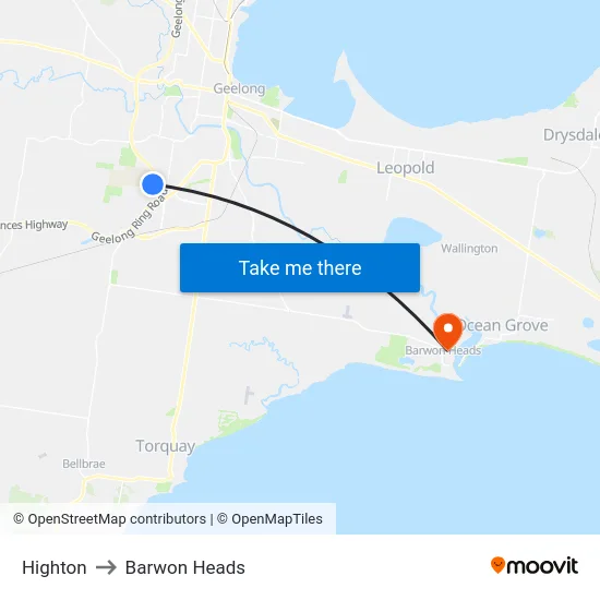 Highton to Barwon Heads map
