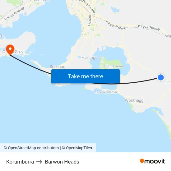 Korumburra to Barwon Heads map