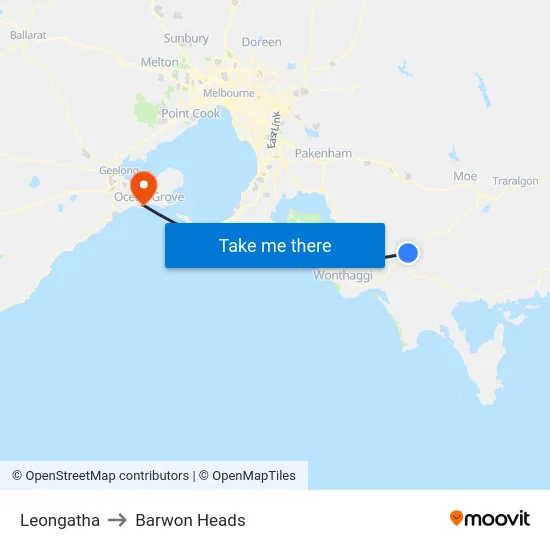Leongatha to Barwon Heads map
