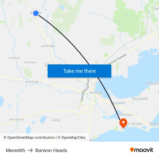 Meredith to Barwon Heads map