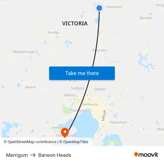 Merrigum to Barwon Heads map