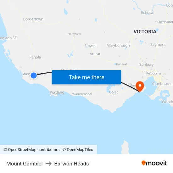 Mount Gambier to Barwon Heads map